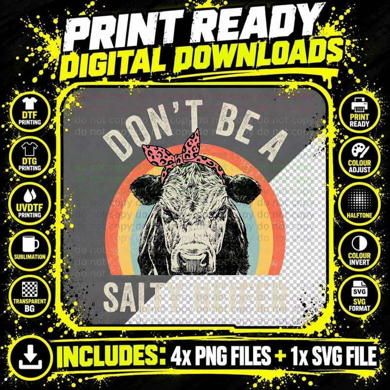 Retro Don't Be a Salty Heifer Cow Lover T-Shirt Png SVG Digital Bundle