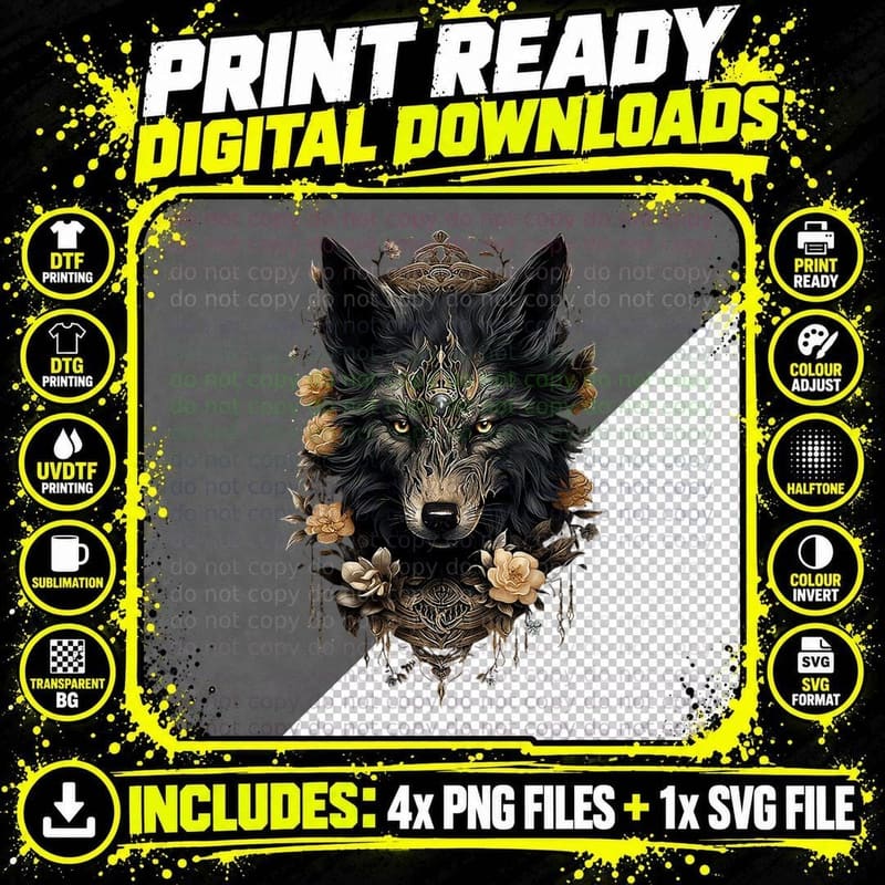 Retro Floral Wolf Vintage Flowers Wolf Face for Wolves Png SVG Digital Bundle