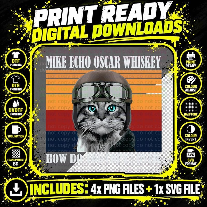 Retro Funny Cat Pilot MEOW Kitty Owner Fur Parent Pet Png SVG Digital Bundle