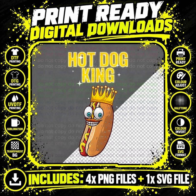 Retro Hot Dog King Shirt Hotdog Funny Sausage Wiener Png SVG Digital Bundle