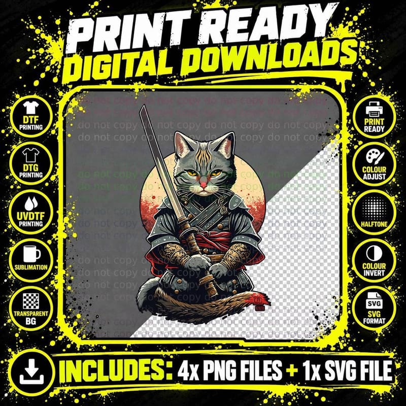 Retro Japanese Warrior Katana Ninja Cat Png SVG Digital Bundle