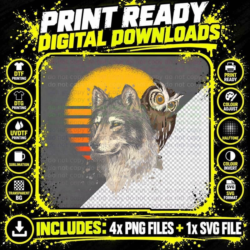 Retro Wolf Wildlife Forest Nature Animal Gift Wise Bird Png SVG Digital Bundle