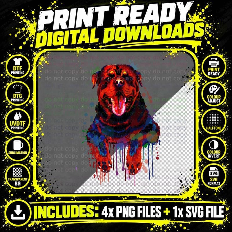 Rottweiler Artistic Splash T-Shirt, Colorful Dog Print Png SVG Digital Bundle