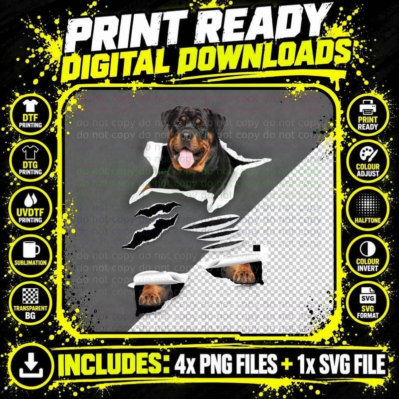 Rottweiler Dog T-Shirt, Torn Paper Effect Png SVG Digital Bundle