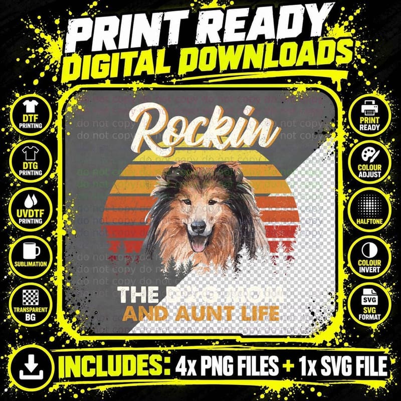 Rough Collie T-Shirt, Retro Sunset Style, Dog Mom Apparel Png SVG Digital Bundle