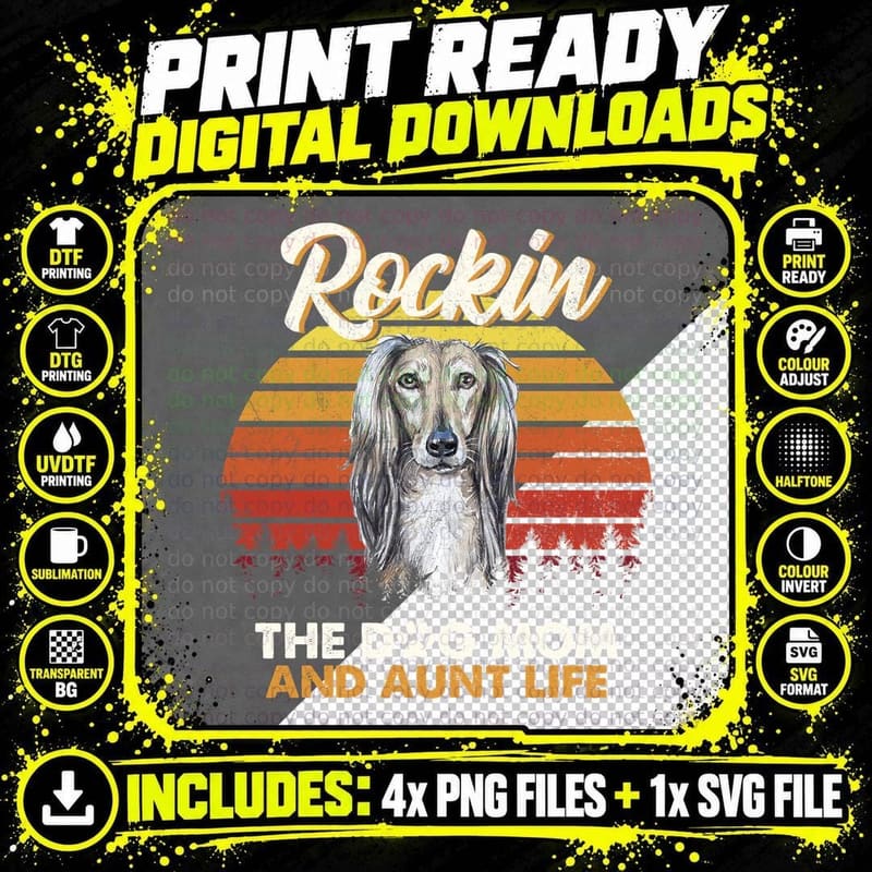 Saluki T-Shirt, Retro Sunset Style, Dog Mom Apparel Png SVG Digital Bundle