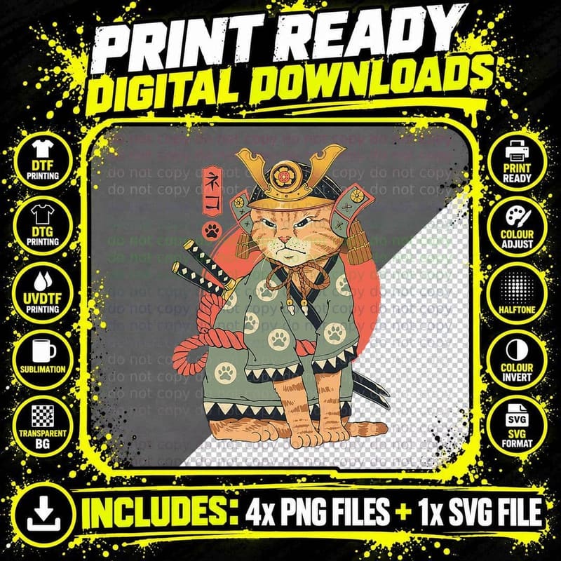 Samurai Japanese Cat Bushido Katana Vintage Gifts Men Png SVG Digital Bundle