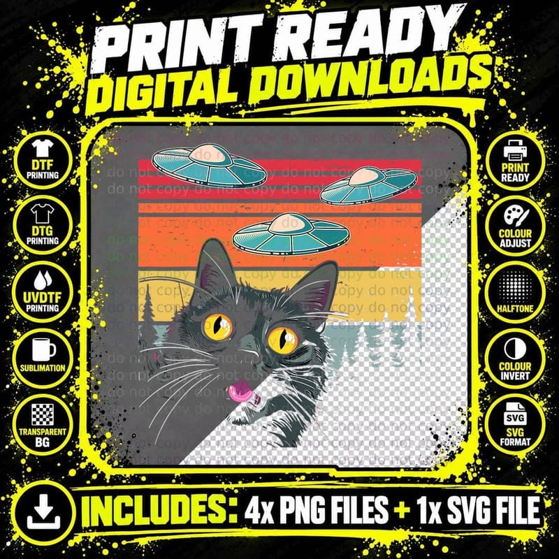 Selfie Cat with Ufos on a Vintage Sunset Spaceship Alien Png SVG Digital Bundle