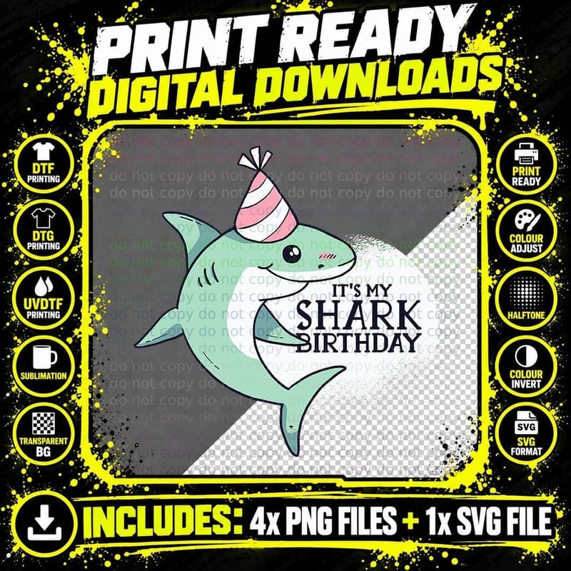 Shark Birthday T-Shirt, Party Animal Design Png SVG Digital Bundle