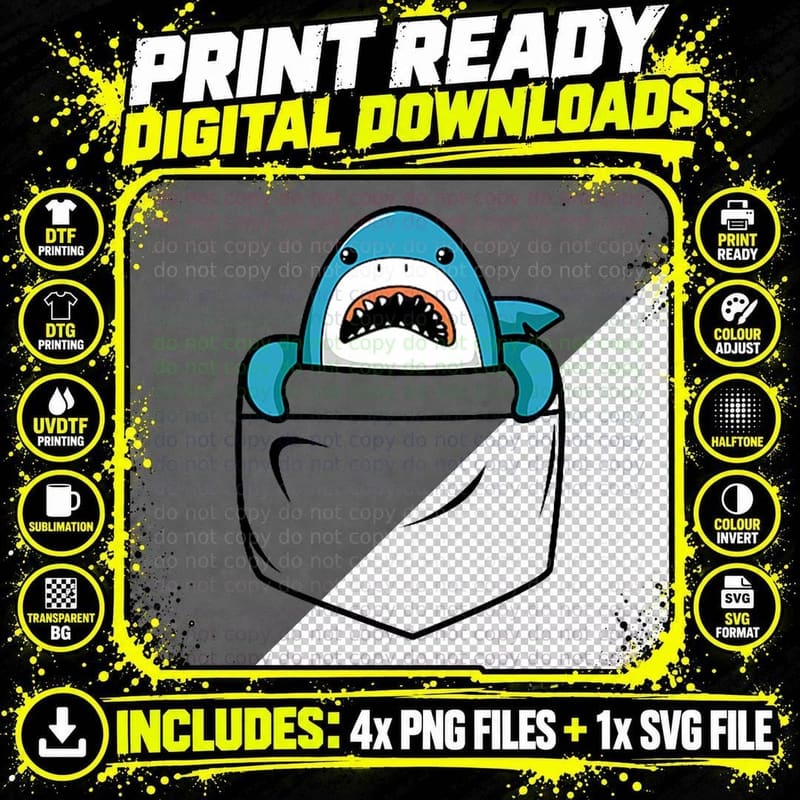 Shark in a Pocket Funny Ocean Vintage Cute Shark Lover Png SVG Digital Bundle
