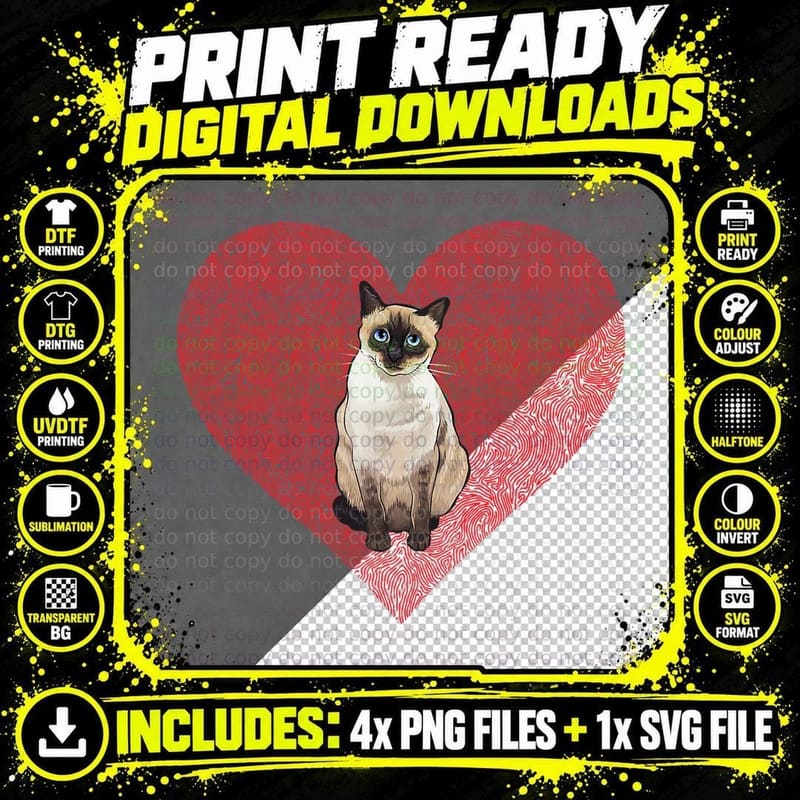 Siamese Valentines Day Cat Love Fingerprint T-Shirt Png SVG Digital Bundle