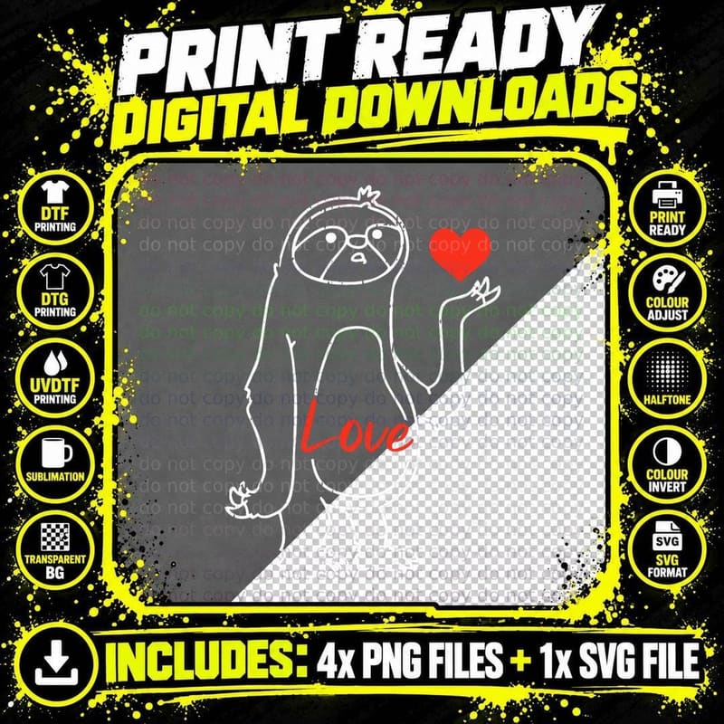 Sloth Heart Line Art Valentines Day Cute Animal Love Png SVG Digital Bundle