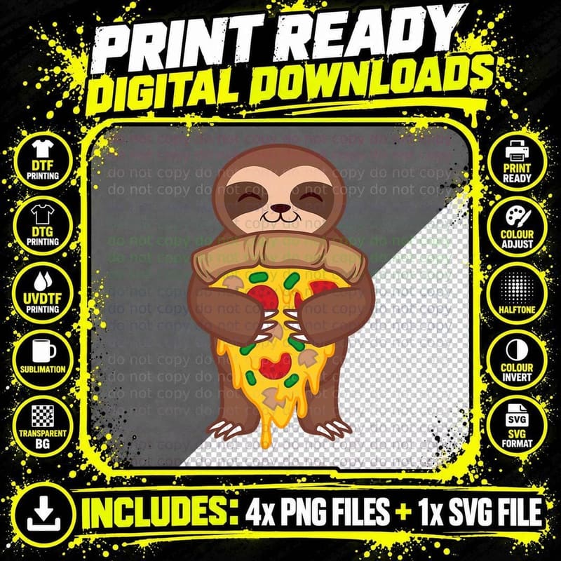 Sloth Holding Pepperoni Pizza Funny Foodie Animal Lover Png SVG Digital Bundle