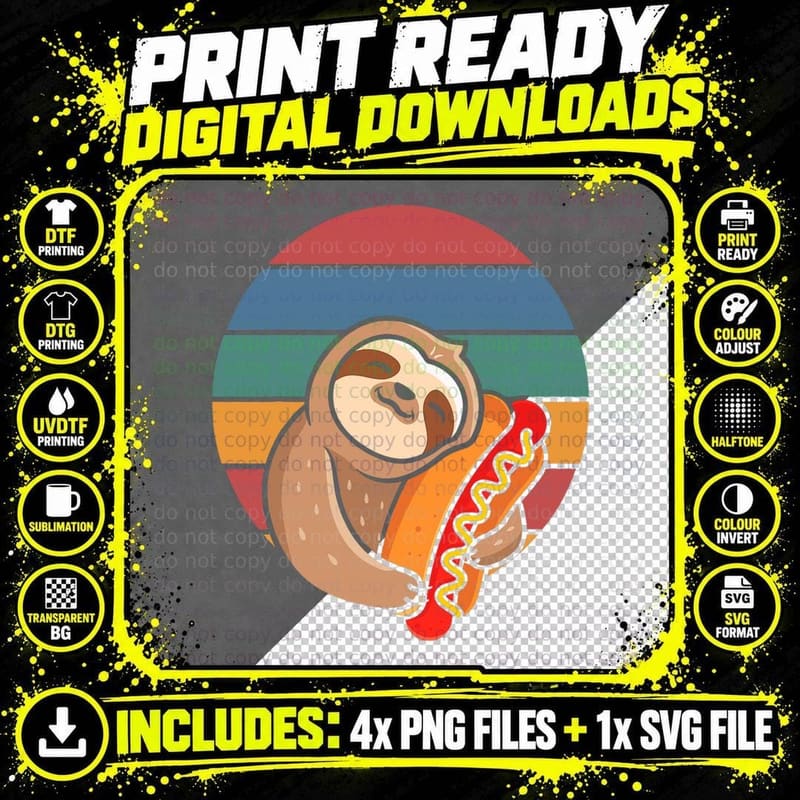 Sloth Hugging Hotdog Funny Retro Sloth Lover Foodie Png SVG Digital Bundle