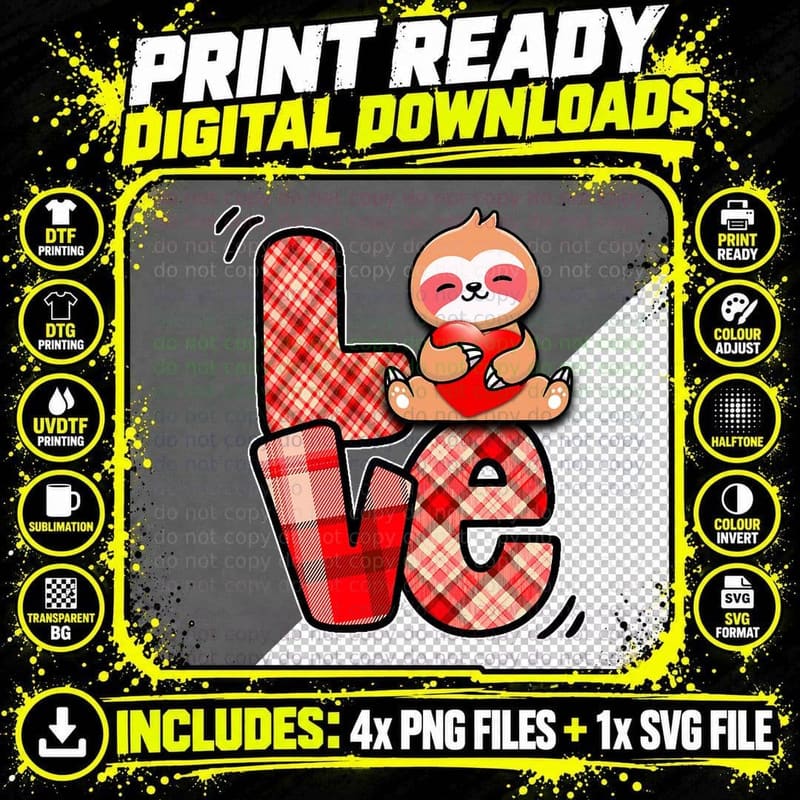 Sloth Love Holding Heart Valentines Day Cute Animal Png SVG Digital Bundle