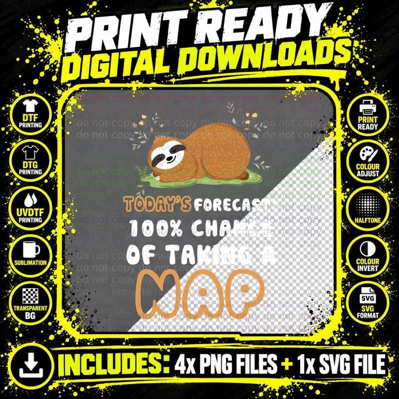 Sloth Nap T-Shirt, Cute Animal Print, Pet Lover Apparel Png SVG Digital Bundle