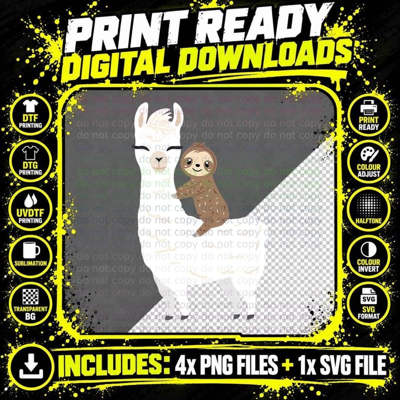 Sloth Riding Llama Funny Birthday Gift Boys Girls Kids Png SVG Digital Bundle