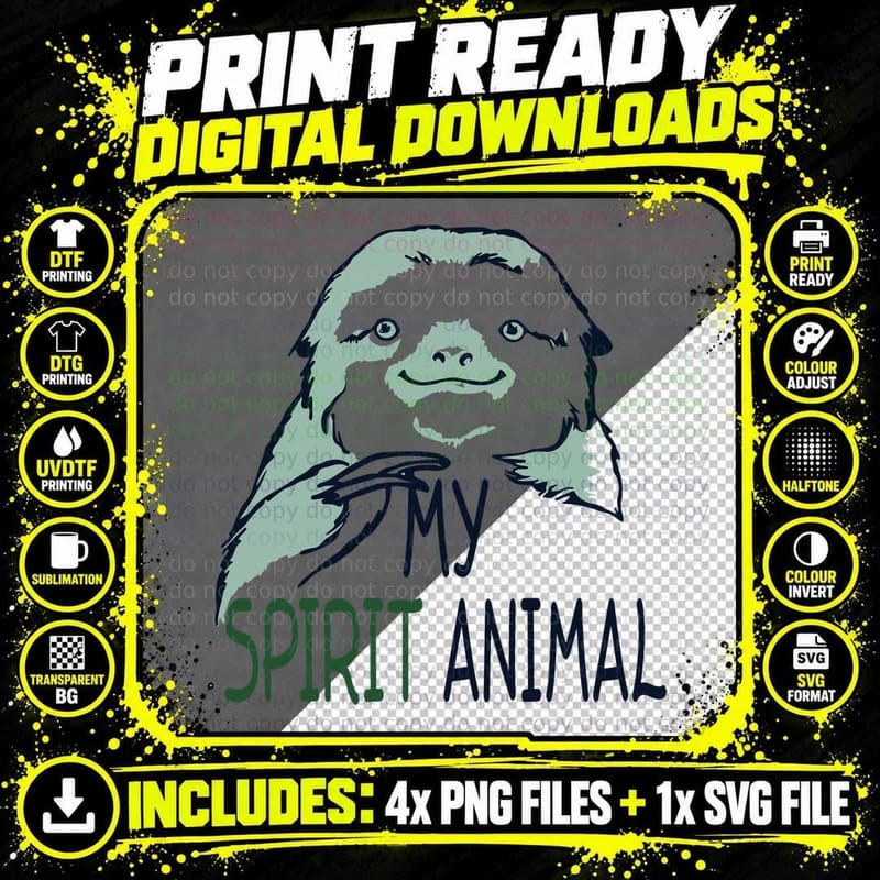 Sloth Spirit Animal T-Shirt, Funny Animal Design Png SVG Digital Bundle