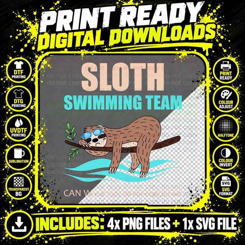 Sloth Swimming Team T-Shirt, Sarcasm Humor Png SVG Digital Bundle