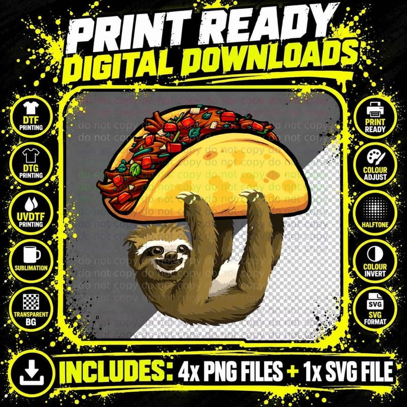 Sloth Taco T-Shirt, Quirky Animal Print Png SVG Digital Bundle