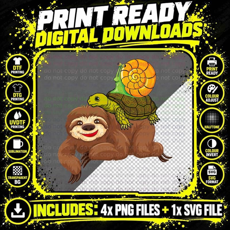 Sloth Turtle and Snail T-Shirt, Animal Friends Print Png SVG Digital Bundle
