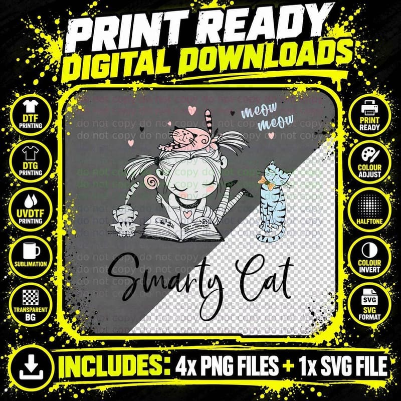 Smarty Cat T-Shirt, Whimsical Cat Print Png SVG Digital Bundle