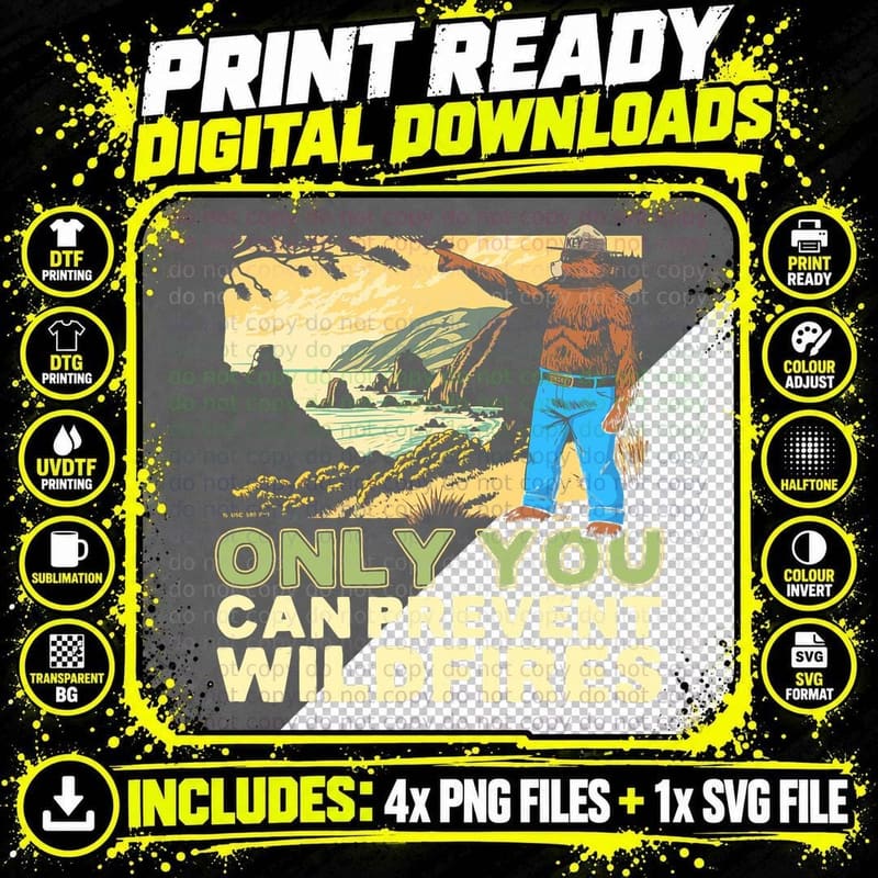 Smokey Bear Only You Vintage Coastline WPA Style Art Png SVG Digital Bundle