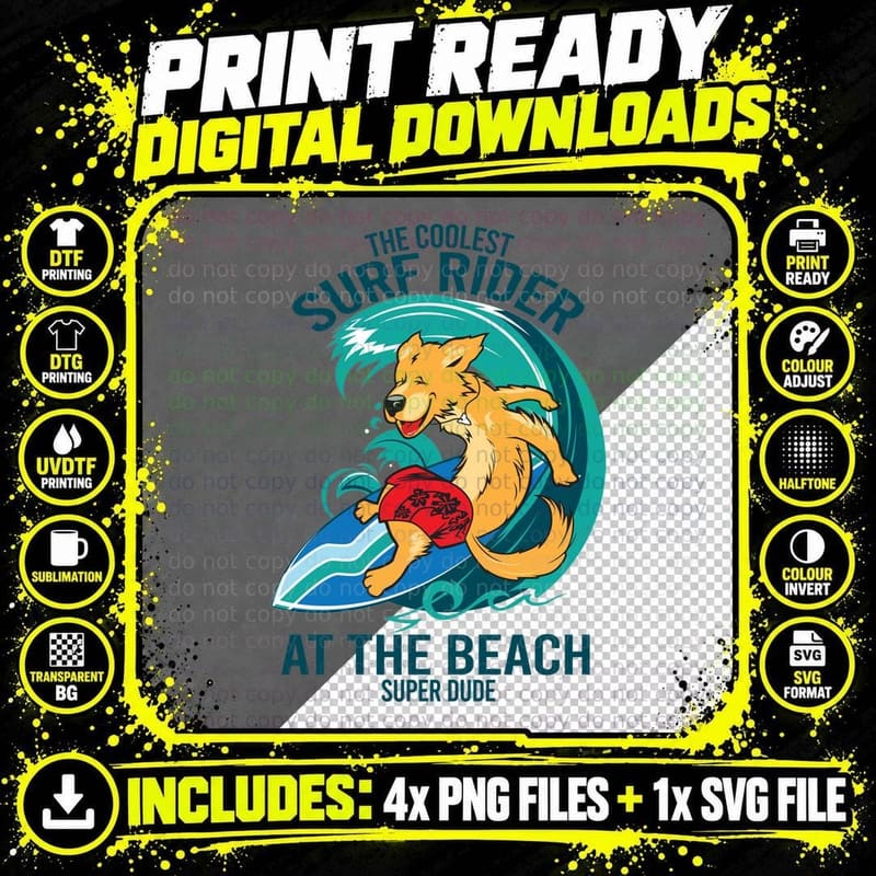Surfing Dog T-Shirt, Beach Vibes, Pet Lover Apparel Png SVG Digital Bundle