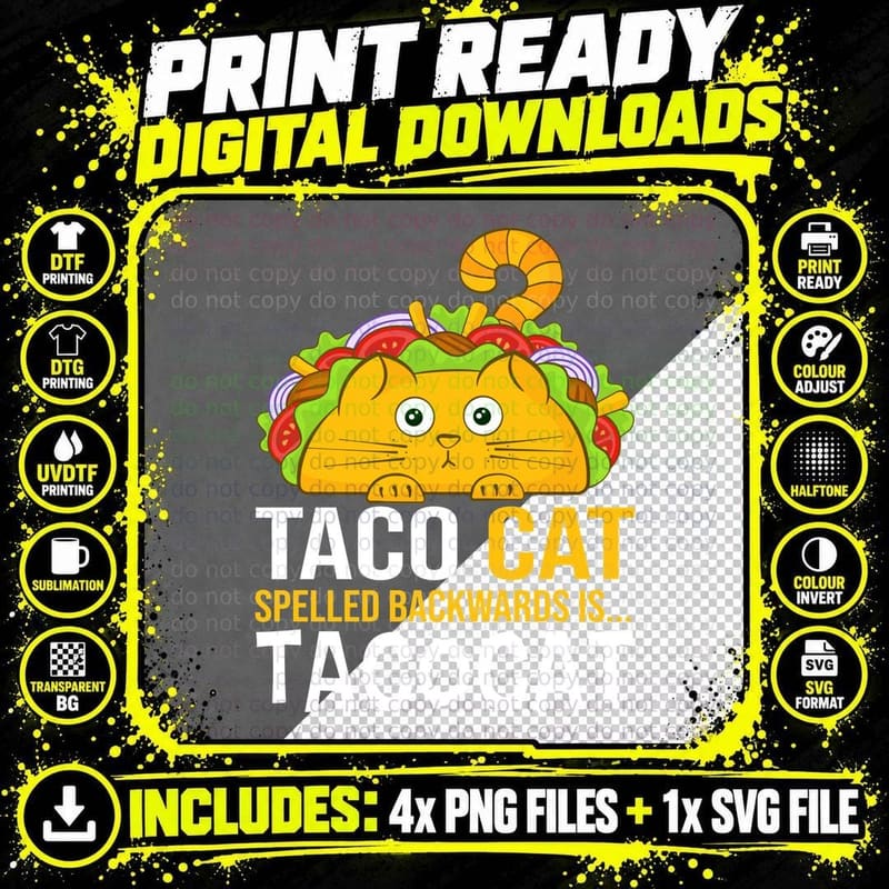 Taco Cat T-Shirt, Funny Food Pun Design Png SVG Digital Bundle