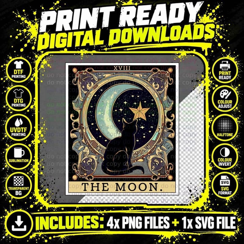 The Cresent Moon Tarot Card Vintage Black Cat Men's Png SVG Digital Bundle