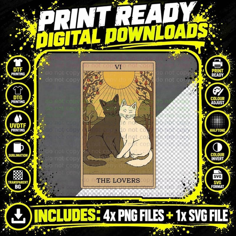 The Lovers Vintage Tarot Card, Magic, Occult, Cat T-Shirt Png SVG Digital Bundle