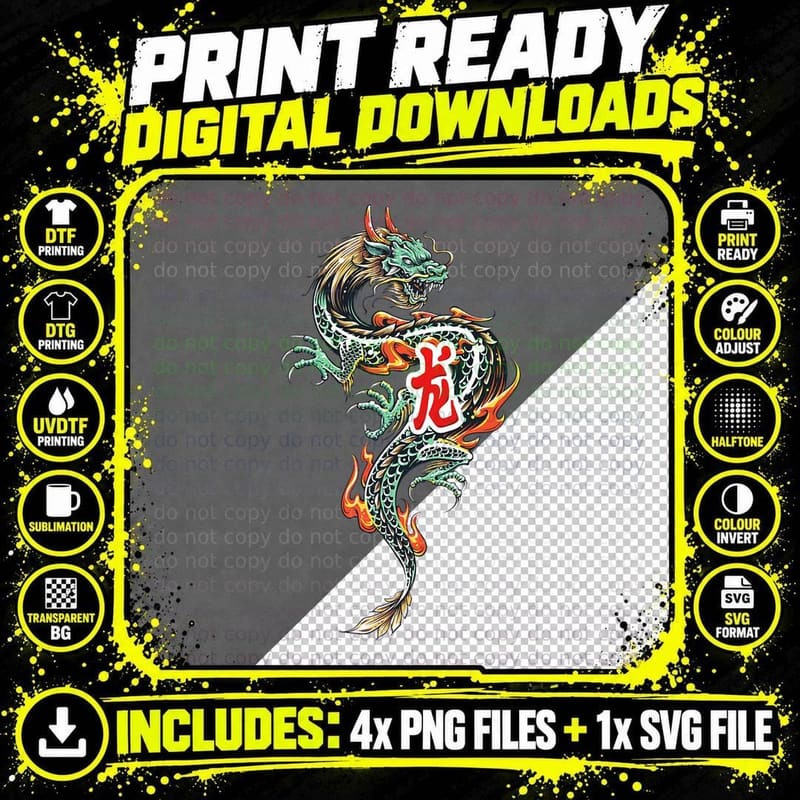 Tokyo Dragon Asian Neon Retro 80's Japanese Dragon Png SVG Digital Bundle