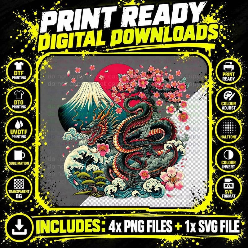 Tokyo Dragon Japanese Asian 80's Japan Dragon Retro Png SVG Digital Bundle