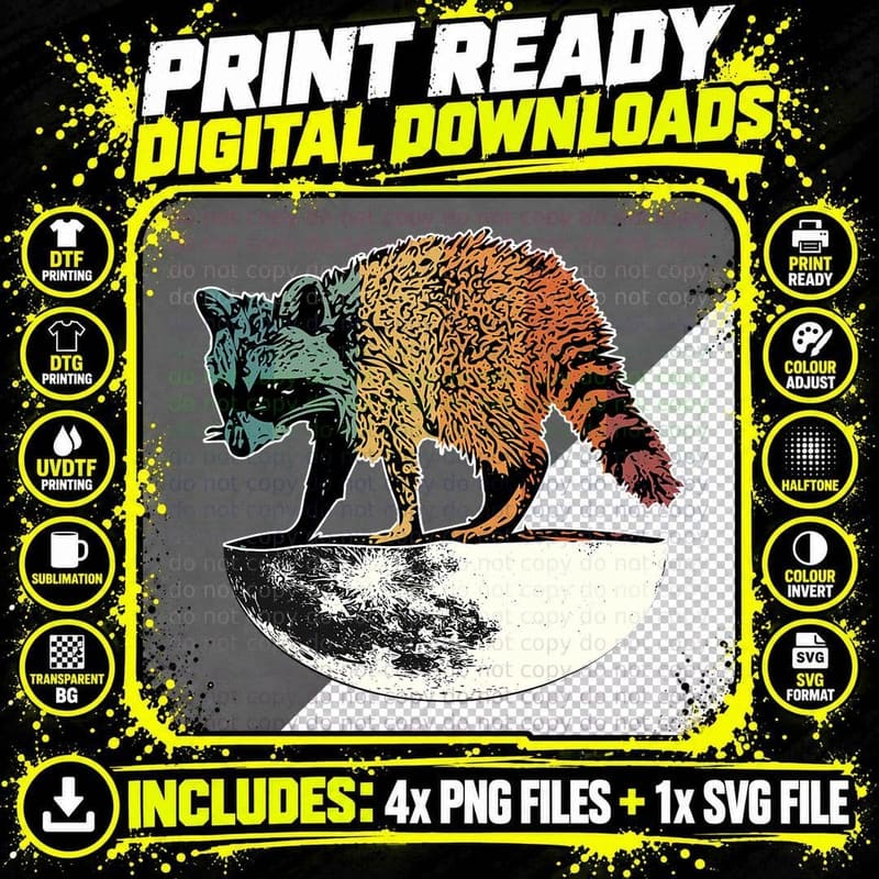 Trash Panda on the Half Moon Funny Vintage Retro Raccoon Png SVG Digital Bundle