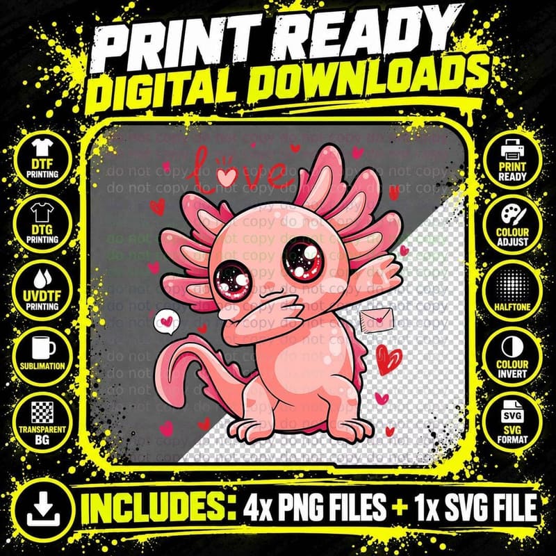 Valentines Day Dabbing Axolotl Hearts Love Girls Boys Png SVG Digital Bundle