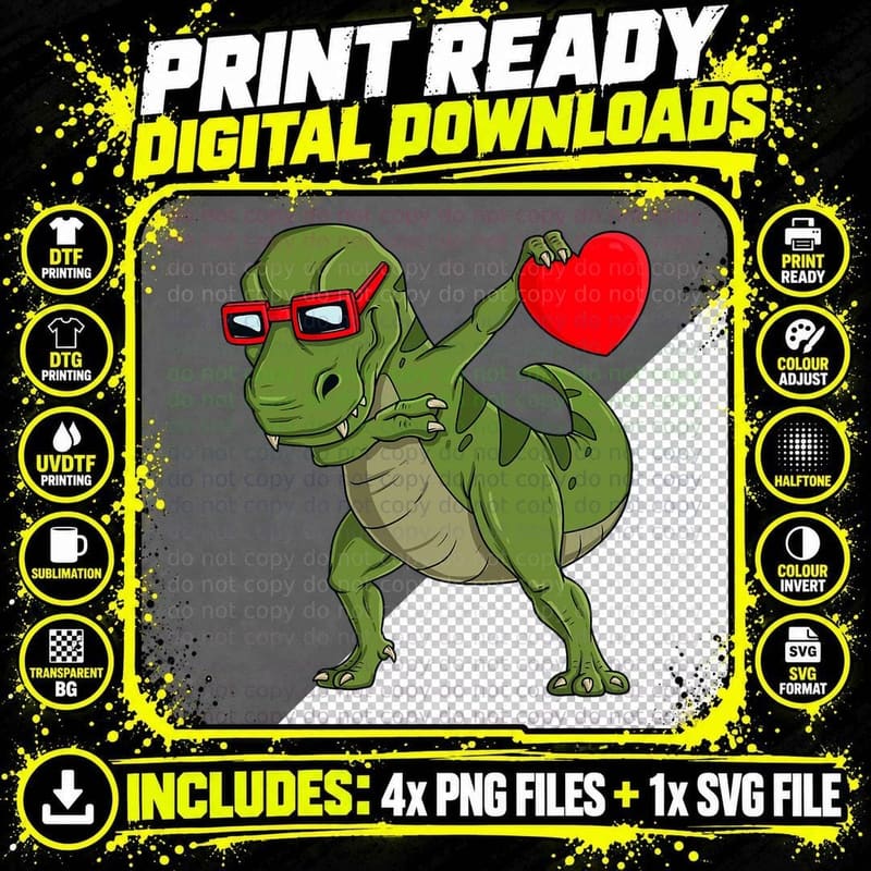 Valentines Day Dabbing Dinosaur T Rex Heart Boys Kids Png SVG Digital Bundle