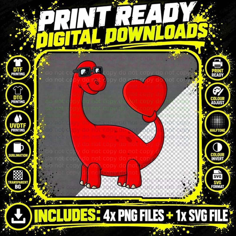 Valentines Day Dinosaur with a Heart Funny Boys Girls Png SVG Digital Bundle