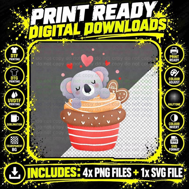 Valentines Day Koala Bear in a Cupcake Heart Love T-Shirt Png SVG Digital Bundle