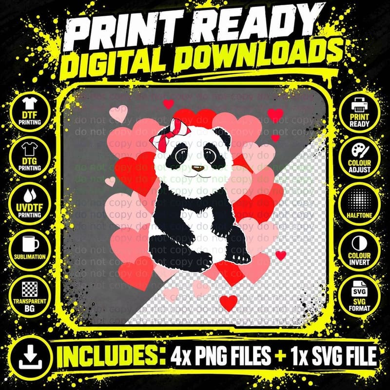 Valentines Day Panda Hearts Girls Toddlers Teacher Png SVG Digital Bundle