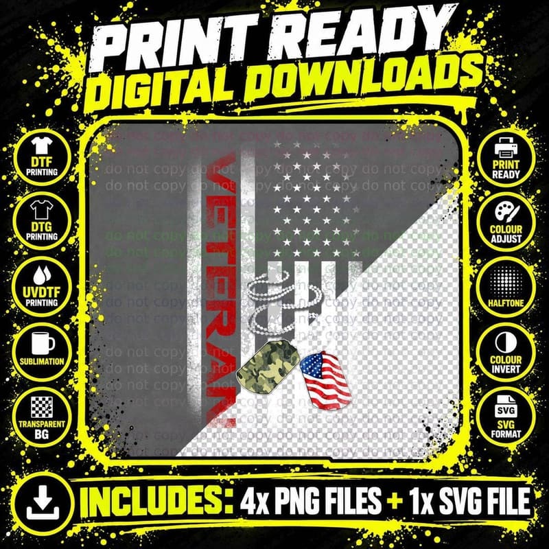 Veteran US Flag Camo Dog Tags T-Shirt, Patriotic Png SVG Digital Bundle