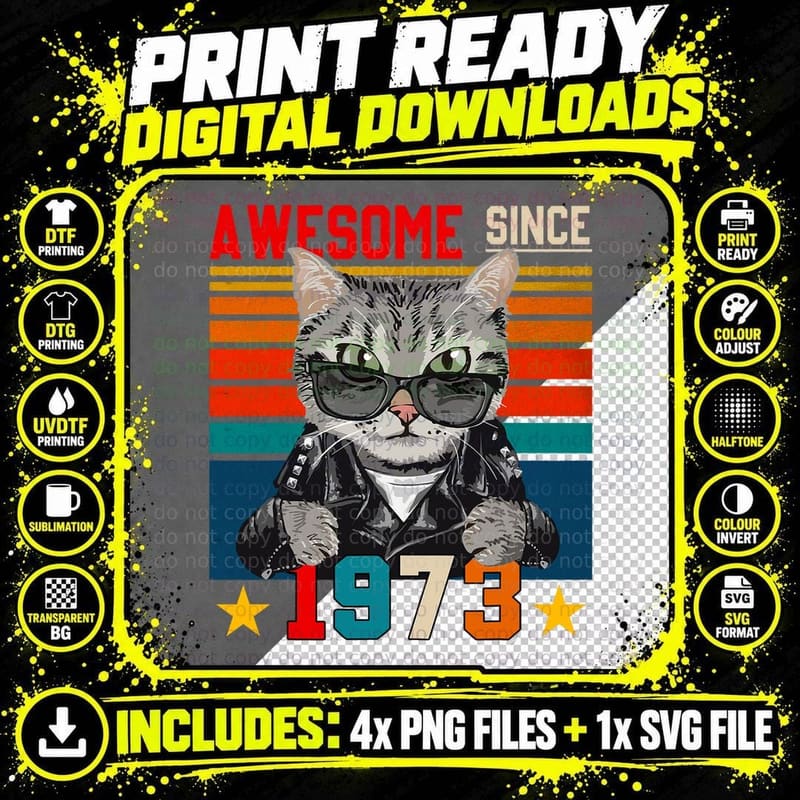 Vintage Awesome Since 1973 Cat T-Shirt Png SVG Digital Bundle