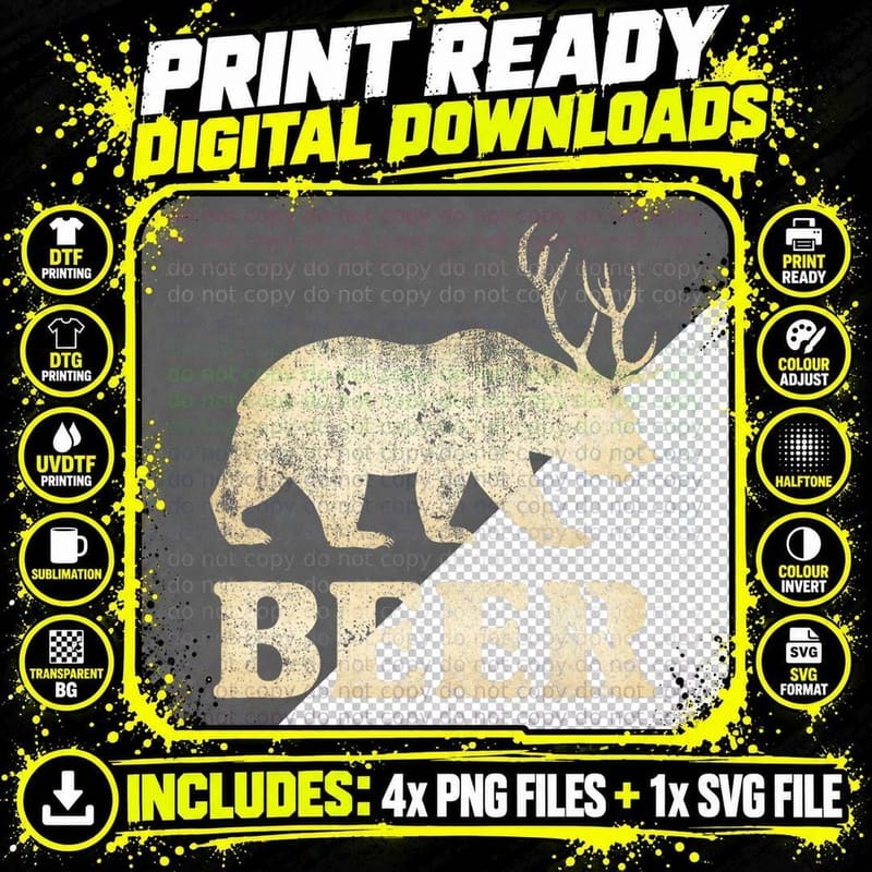 Vintage Bear Deer Funny Beer T-Shirt Png SVG Digital Bundle