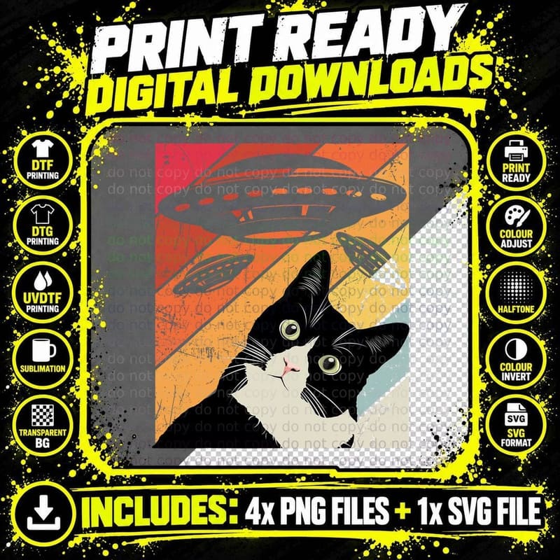 Vintage Funny Cat Ufo Alien Hippy Cat Owner Ufo Lover Png SVG Digital Bundle