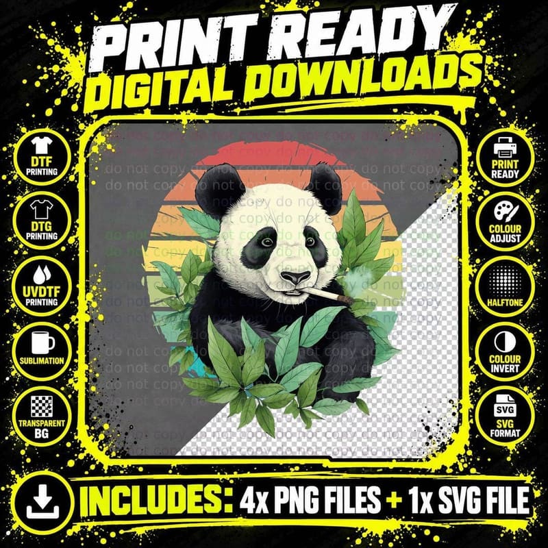 Vintage Funny Panda Bear Smoking Surrounded by Green Png SVG Digital Bundle
