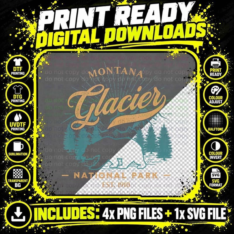 Vintage Glacier National Park Grizzly Bear Mountains Png SVG Digital Bundle