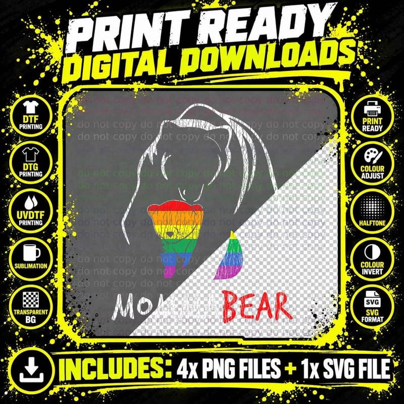 Vintage Rainbow Mama Bear Hug Love Support Parent Pride Png SVG Digital Bundle
