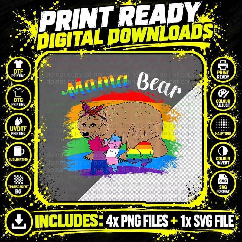 Vintage Rainbow Mama Bear Hug Love Support Parent Pride Png SVG Digital Bundle
