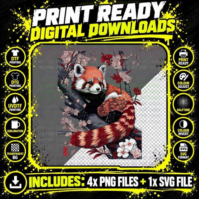Vintage Red Panda Japanese Cherry Blossom Flower Graphic Png SVG Digital Bundle