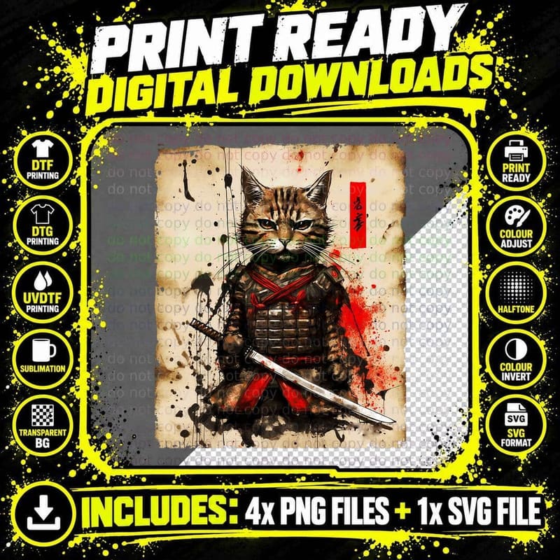 Vintage Samurai Cat Tee Japanese Ninja Art Graphic Png SVG Digital Bundle