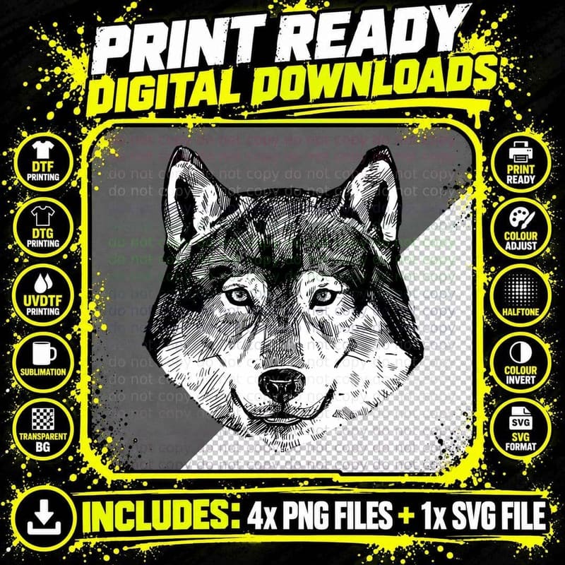 Vintage Wolf Art Animal Face Wolf Lover T-Shirt Png SVG Digital Bundle